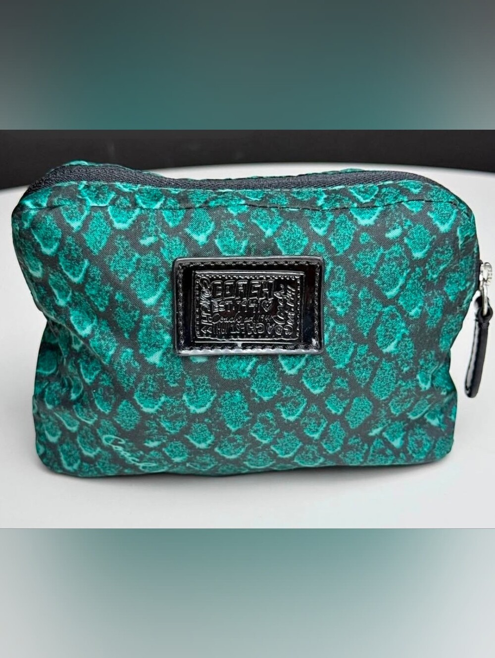 Coach Foldable Reusable Tote Bag Green Black Snakeskin Print Zip Pouch
